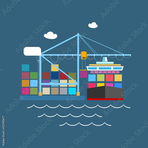 Cargo Container Ship at the Dock at Sea, Unloading Containers from a Cargo Ship in a Seaport with Cargo Crane, International Freight Transportation, Vector Illustration