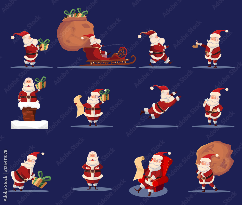 Naklejka premium Santa Claus Funny Caroon Character Icon Set