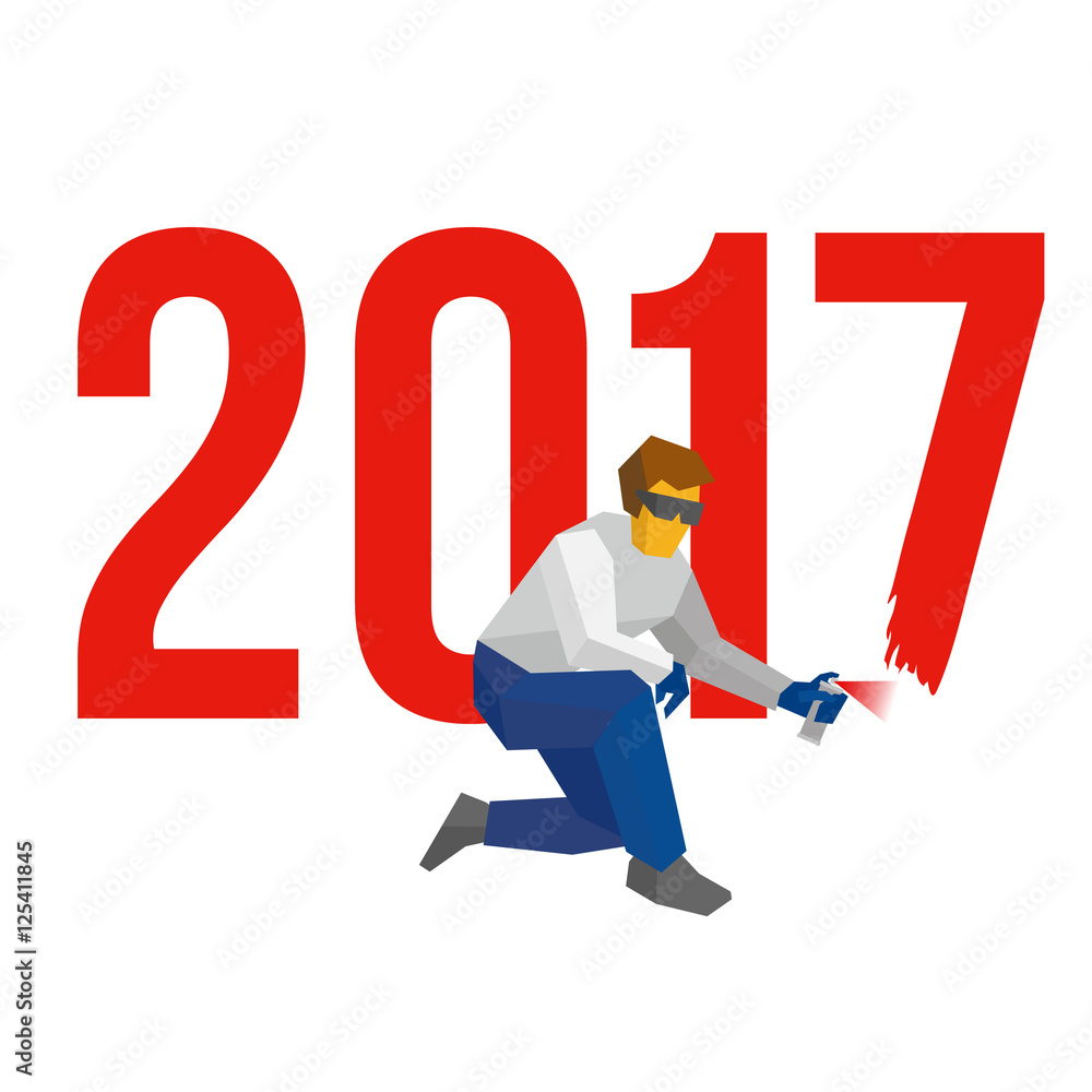 Man with sprayer writes number 2017. Painter draw a holiday graffiti. New year concept for card or poster. Flat style vector clip art on white background. Man with sprayer writes number 2017. Painter draw a holiday graffiti. New year concept for card or poster. Flat style vector clip art on white background.