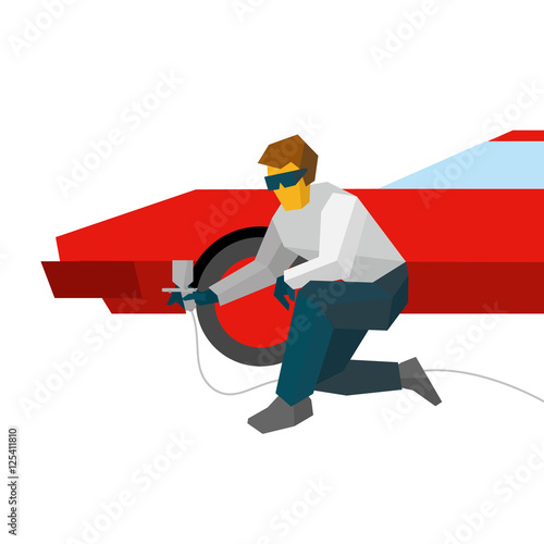 Mechanic spraying paint on red sport car from pulveriser. Spray painting auto with airbrush. Flat style vector illustration isolated on white background.