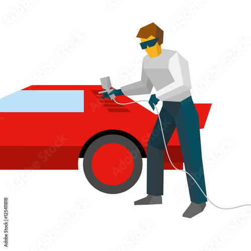 Mechanic spraying paint on red sport car from pulveriser. Spray painting auto with airbrush. Flat style vector illustration isolated on white background.