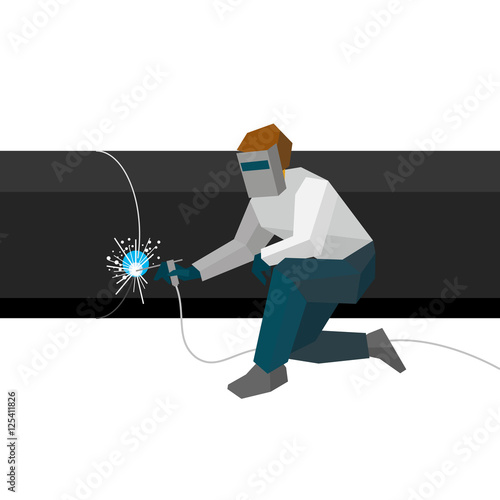 Welder in the mask connects metal pipes in pipeline. Flat style vector illustration isolated on white background.