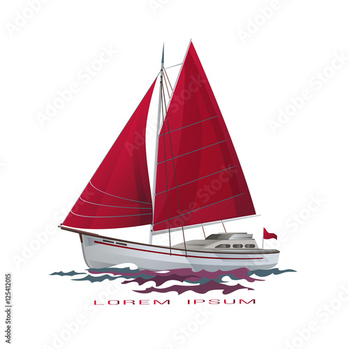 Sailing boat sea yacht with red sails and reflection isolated on white background. 
