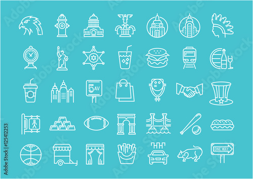 Set Vector Flat Line Icons USA and America