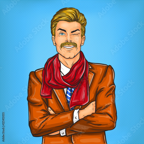 Confident pop art hipster man winking eye