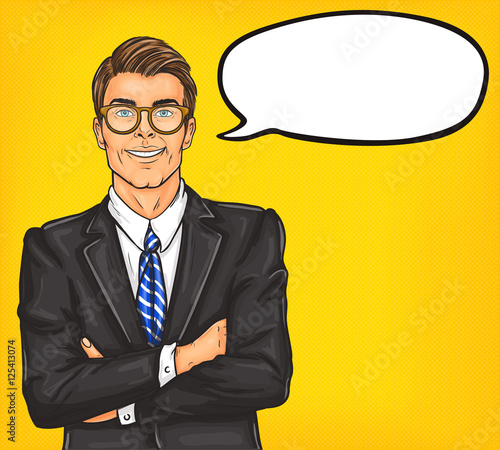 Confident pop art man in a suit and glasses