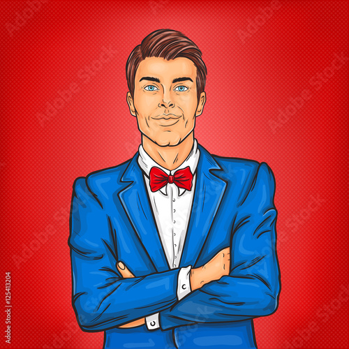 Confident pop art man in a suit and bow tie
