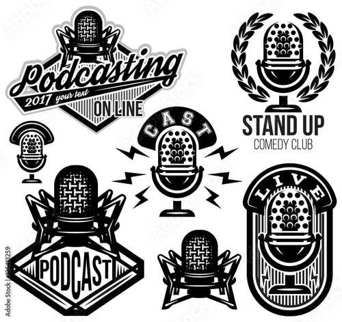 set of vector stylish retro pattern with microphones, radio, podcast, show