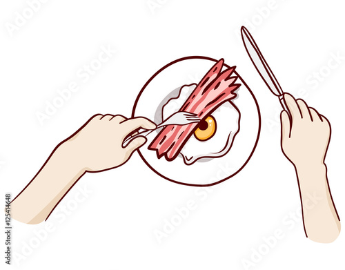 Bacon and eggs with eyeball and meat paw. Halloween lunch clip-art, isolated on white. Hand drawn sketchy icon, design element for halloween