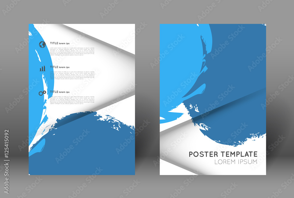 simple poster design template, blue paint strokes, splatters and shadow effect