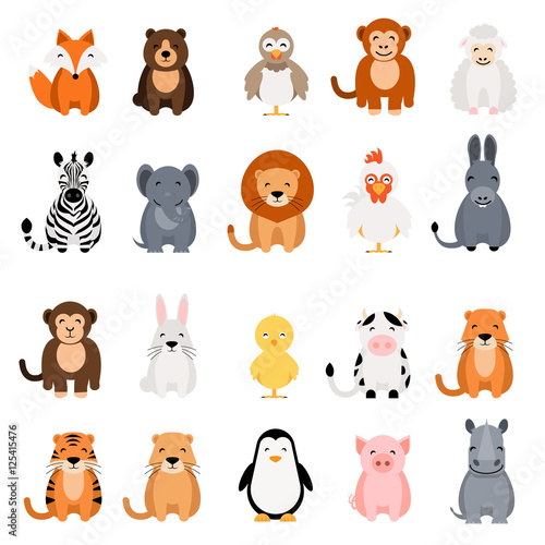 Cute vector animal set on white background. Fox, bear, elephant, bear, hen, chicken, chick, rooster, lion, monkey, tiger, pig, donkey, rabbit, rhino, cow, zebra, sheep, penguin