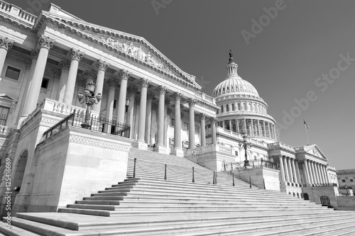 Entrance staircase to the House of Representatives Chamber at the United States Capitol building in Washington DC, USA in bleak black and white