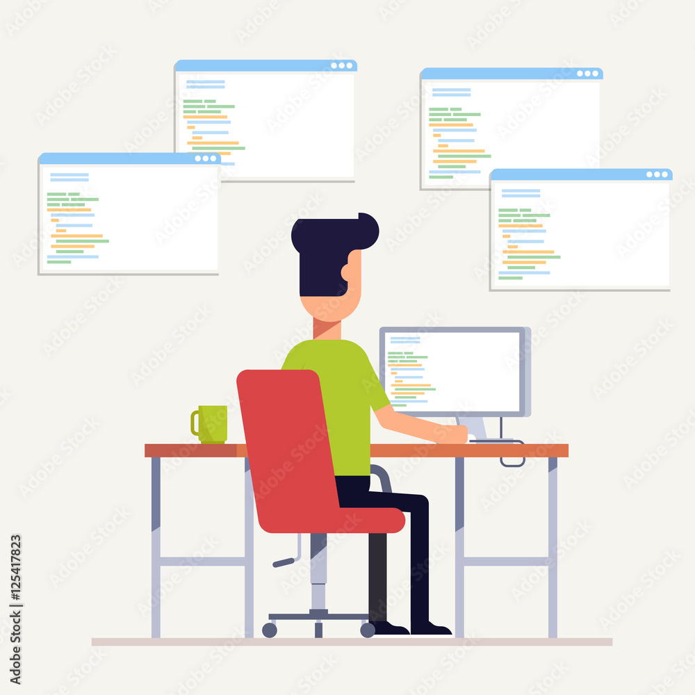 The programmer writes code on the computer. Multi-specialist. The man at the workplace. Back view. Vector, illustration EPS10. The programmer writes code on the computer. Multi-specialist. The man at the workplace. Back view. Vector, illustration EPS10.