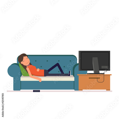 The girl sleeps on the sofa watching television. Tired woman dropped her phone while you sleep. Vector, illustration EPS10.