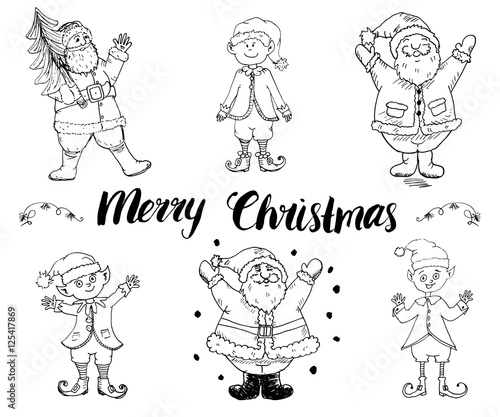 Santa Claus and elfs, gnomes Hand drawn set. Merry Christmas lettering. vector illustration isolated on white.