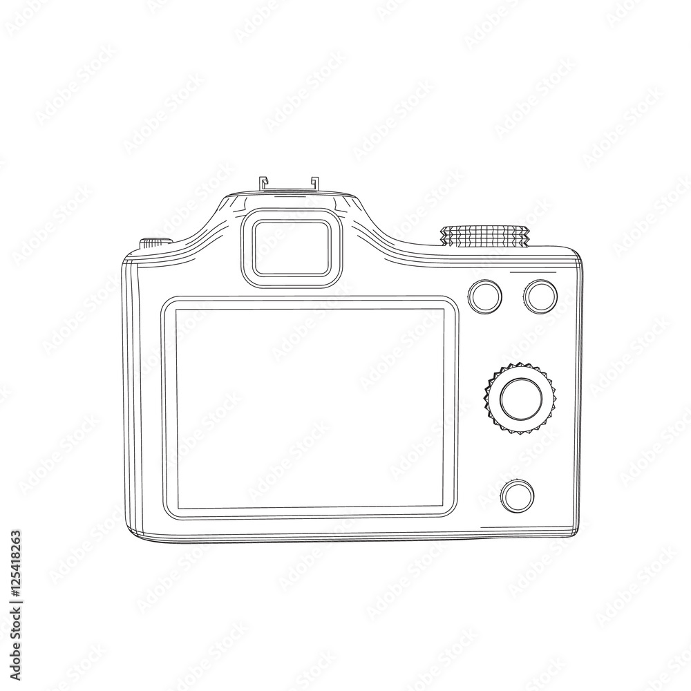 Photo camera. Isolated on white. Vector outline illustration.Ba Photo camera. Isolated on white. Vector outline illustration.Ba