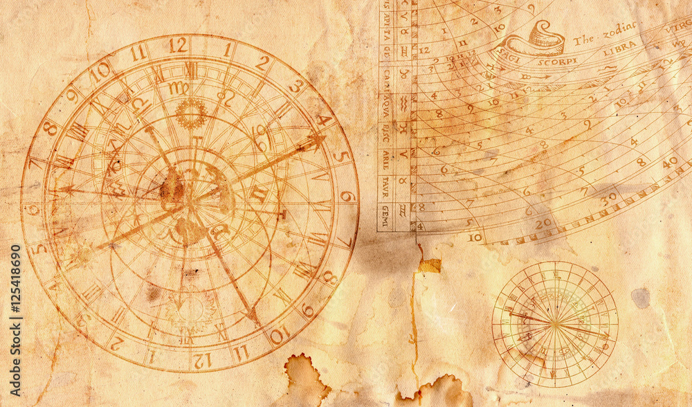 Astronomical clock in grunge style useful as a background - 16:9