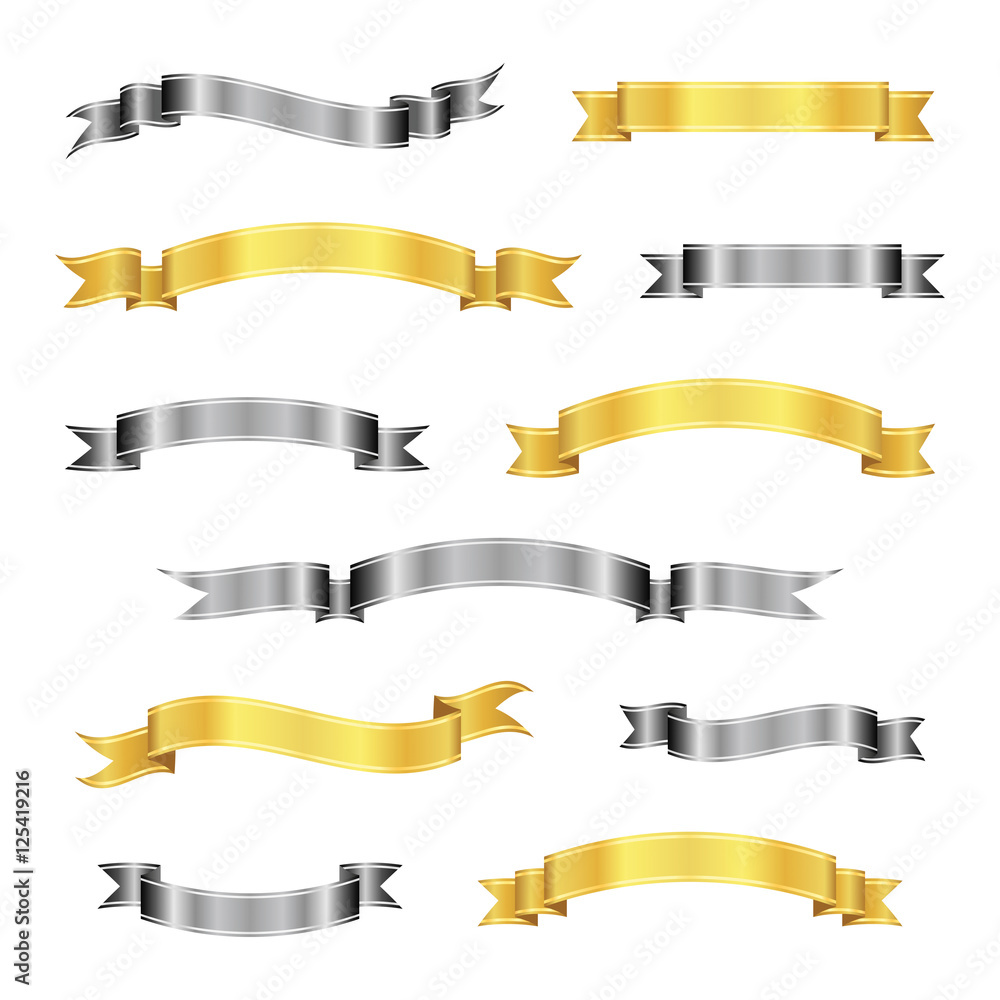 Set of gold and silver ribbon banners. Vector illustration.