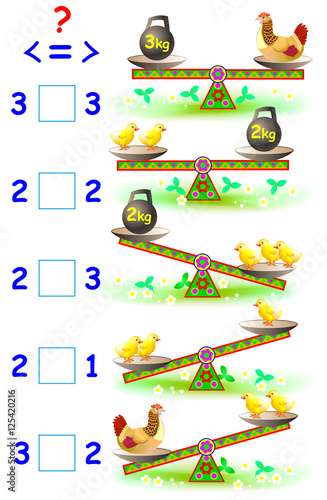 Educational page with mathematical exercises for young children. Need to write the correct signs in empty squares. Vector cartoon image.