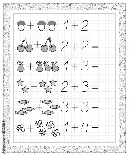 Black and white worksheet on a square paper with exercises for little children. Page with the tasks on addition. Vector image.