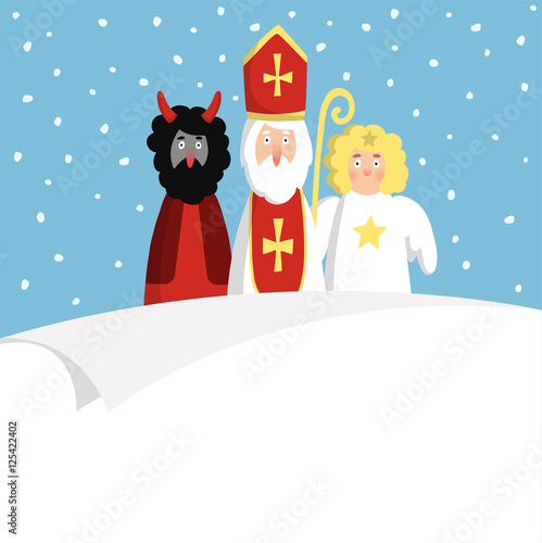 St. Nicholas with devil,angel and blank paper. Cute Christmas invitation, card, wish list. Flat design, vector illustration.