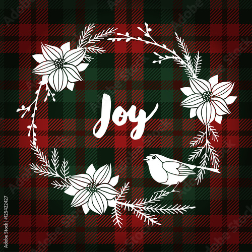 Christmas greeting card, invitation. Finch bird and white Christmas wreath made of poinsettia, fir branches. Tartan background