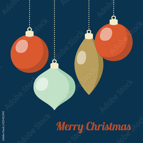 Retro Christmas greeting card, invitation. Hanging Christmas balls.  Flat design. Vector illustration background.
