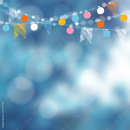 Christmas card, invitation. Winter garden party decoration. Vector illustration with garland of lights, party flags.