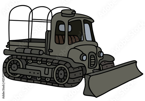Hand drawing of a funny vintage artillery tractor with a ploughshare