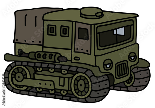 Hand drawing of a funny vintage khaki military tracked transporter
