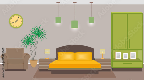 Bedroom interior with furniture including bed, armchair, wardrobe, houseplant. Flat style vector illustration
