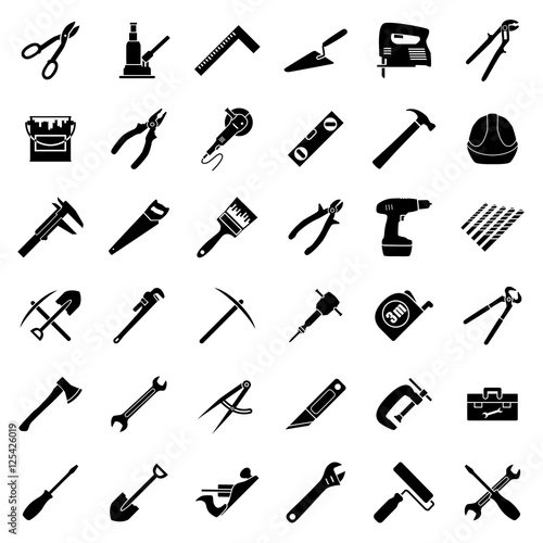 Set of thirty six flat style black and white tools used in construction, building, engeeniring, manufacturing. Vector illustration.