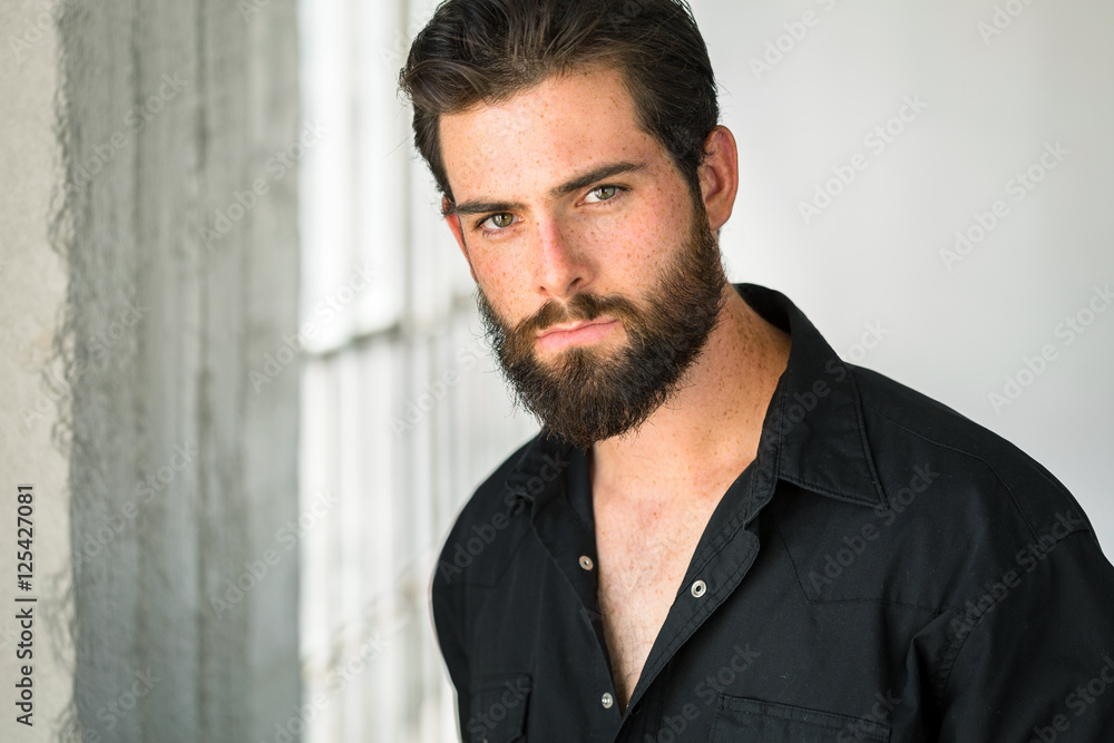 Handsome masculine manly male model facial hair macho strong tall dark  stare Stock Photo | Adobe Stock