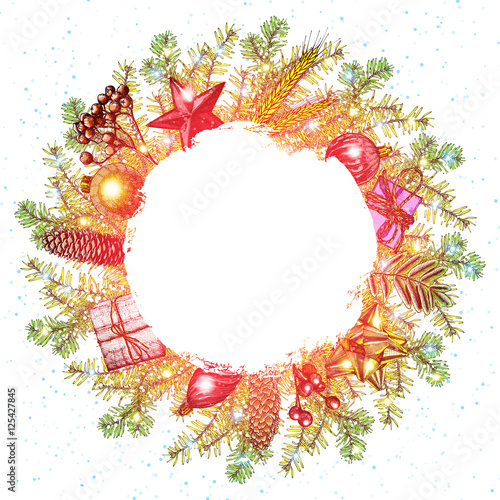 Christmas wreath. Hand drawn illustration with fir tree branches
