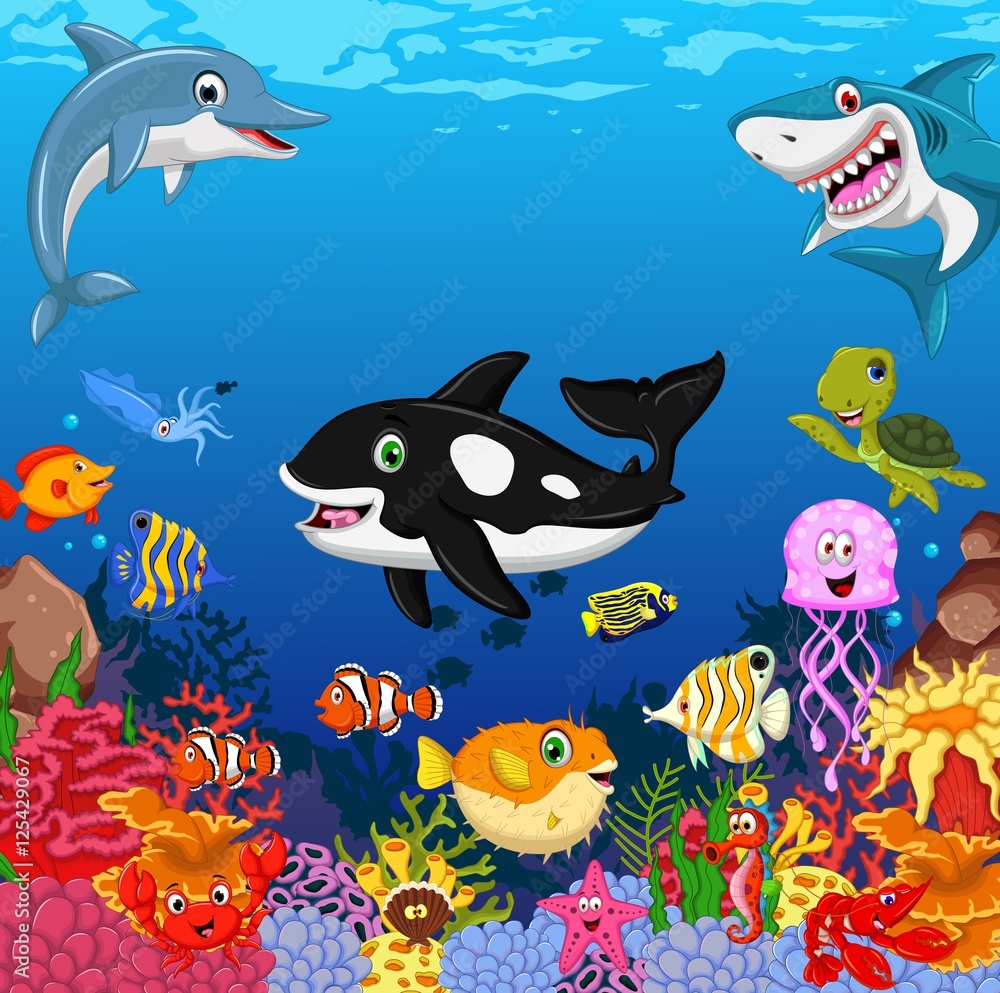 funny sea animals cartoon with sea life background Stock Illustration |  Adobe Stock