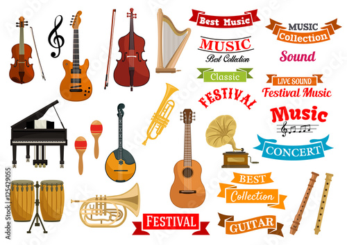 Musical instruments, music vector ribbon emblems