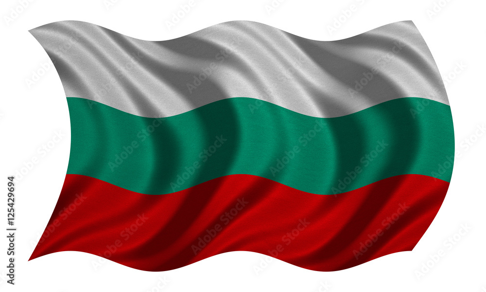 Flag of Bulgaria wavy on white, fabric texture