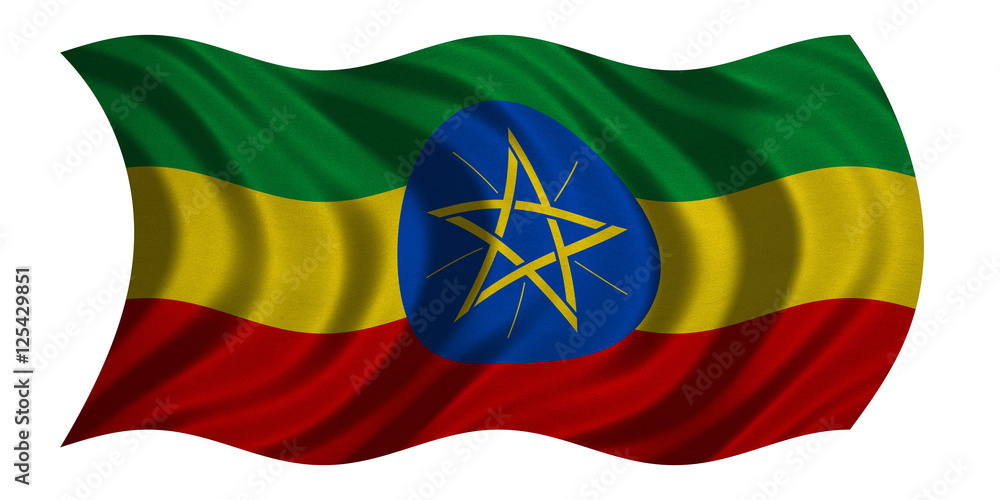 Flag of Ethiopia wavy on white, fabric texture Flag of Ethiopia wavy on white, fabric texture