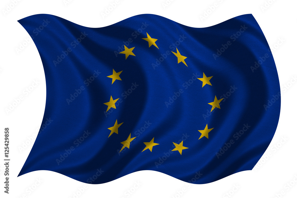 Flag of Europe wavy on white, fabric texture