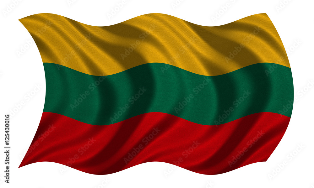 Flag of Lithuania wavy on white, fabric texture Flag of Lithuania wavy on white, fabric texture