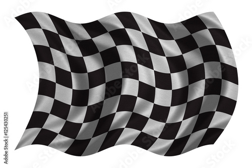 Checkered racing flag wavy on white fabric texture