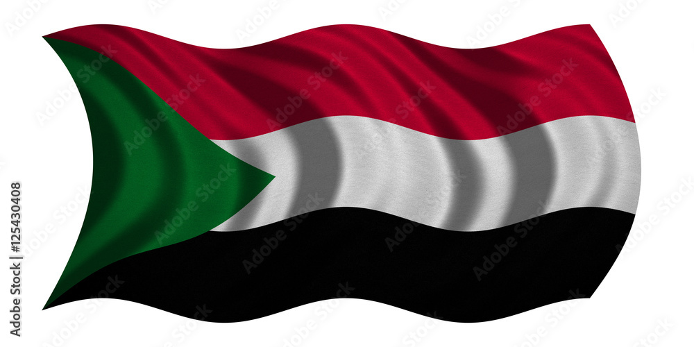 Naklejka premium Flag of Sudan wavy on white, fabric texture