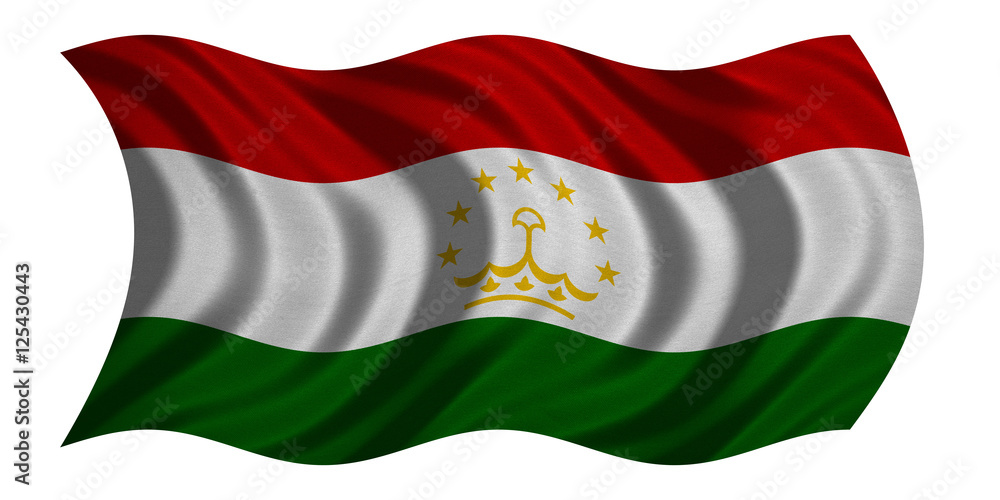 Flag of Tajikistan wavy on white, fabric texture Flag of Tajikistan wavy on white, fabric texture