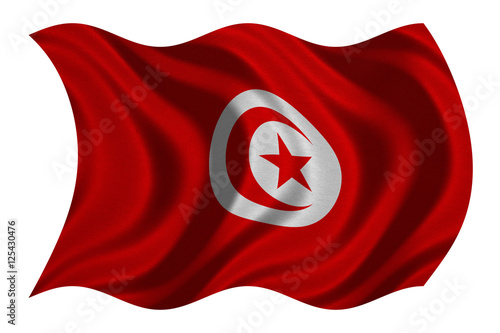 Flag of Tunisia wavy on white, fabric texture
