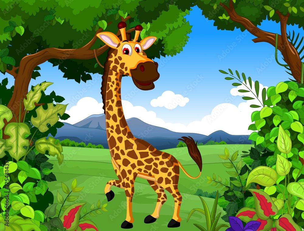 Fototapeta premium giraffe cartoon with landscape background
