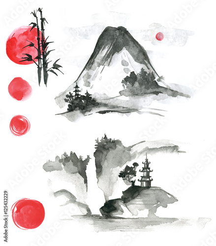 Foto Hand drawn ink sumi-e elements: landskype, sun, temple, bamboo,