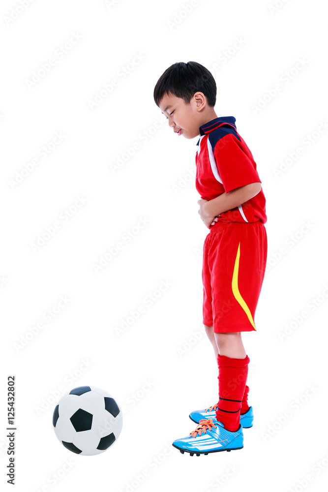 Youth asian soccer player stomachache. Full body. Isolated on wh