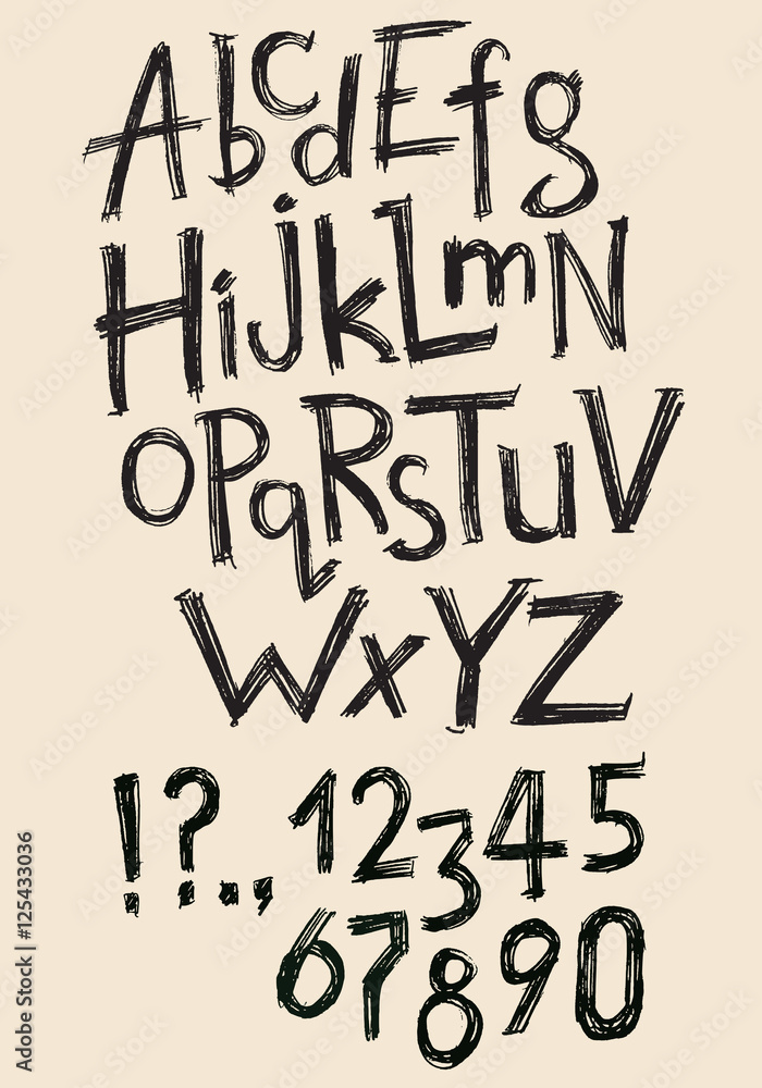 Vector hand drawn latin abc, numbers and punctuation marks Vector hand drawn latin abc, numbers and punctuation marks