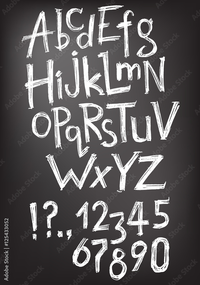 Vector hand drawn latin abc, numbers and punctuation marks on t Vector hand drawn latin abc, numbers and punctuation marks on t