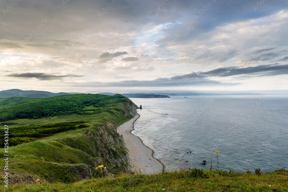 Beautiful landscape of the peninsula Balyuzek Russia.. Peninsula Balyuzek Sea of Japan.